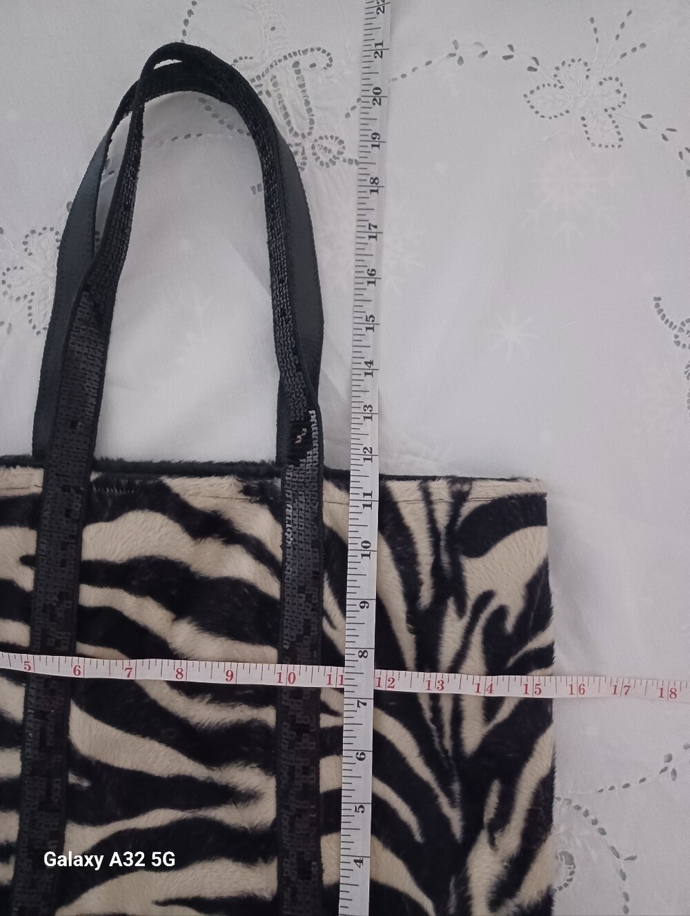 Faux Fur Zebra Print Tote Bag with Sequin Trim - Black/White - Picture 3 of 3